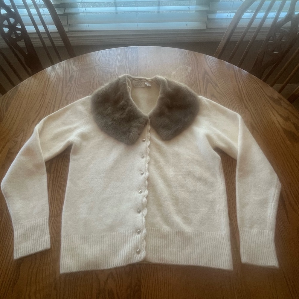Vintage Lord & Taylor Off White Wool Angora Cardigan With Tan Fur Collar Size L